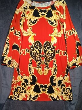 MSK Red Baroque Print Dress. Wide Sleeves. Easy Fit.